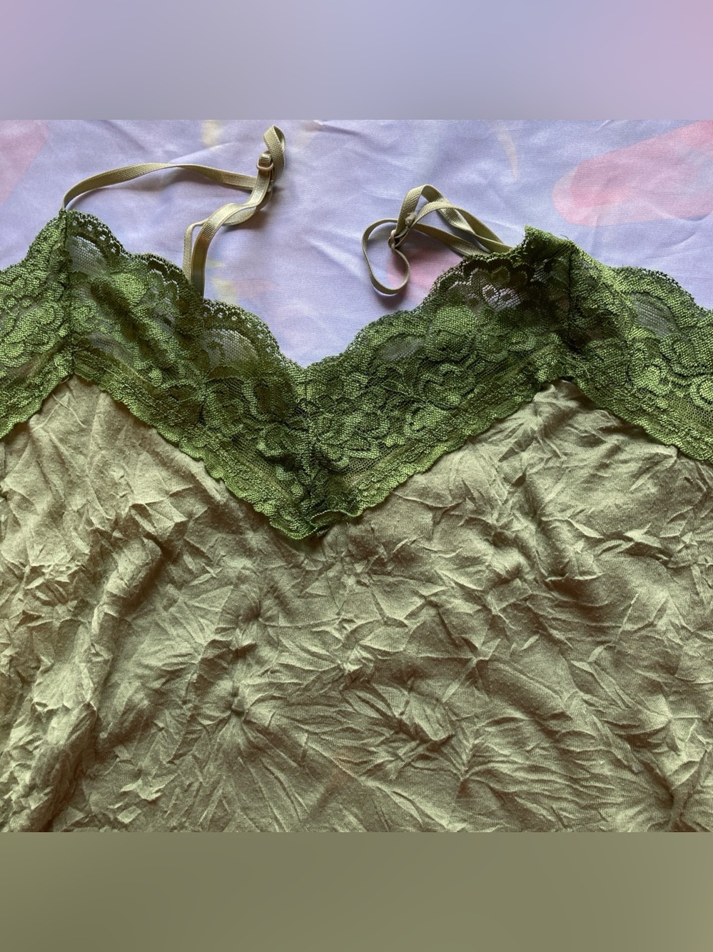 Green Crinkle Lace Trim Fairy Camisole Tank Top with Adjustable Straps | Y2K - Picture 7 of 9